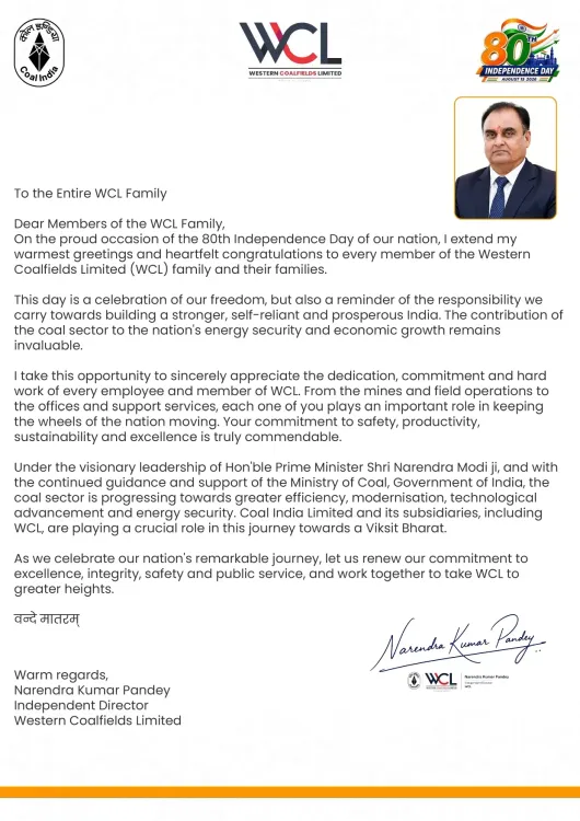 Narendra Kumar Pandey, (Independent Director) WCL, Independence Day Message-2026